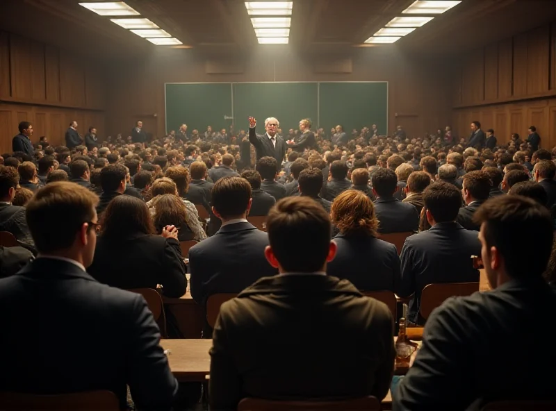 A crowded classroom in a university setting, symbolizing the allegations against Galileo.