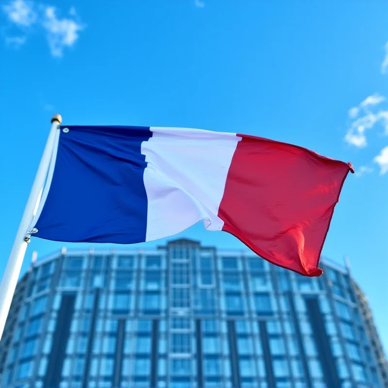 The French flag waving in front of the European Parliament building.