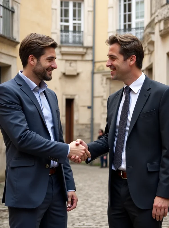 Raphaël Ruegger, a young man with a friendly smile, shaking hands with a village mayor in front of a town hall. The atmosphere is positive and collaborative.