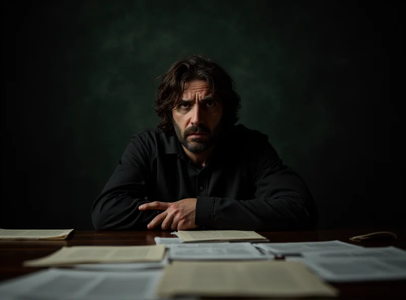 A concerned looking man sitting in a dimly lit room, facing away from the viewer, with legal documents scattered on the table. The atmosphere is tense and uncertain.