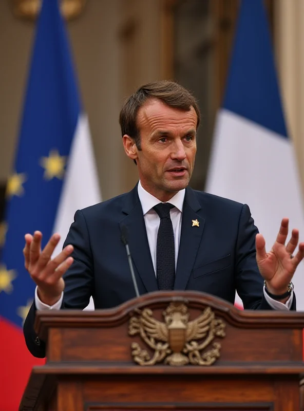 President Macron standing at a podium, addressing a crowd, with the French flag prominently displayed behind him. He appears confident and resolute, speaking about the importance of protecting French citizens.