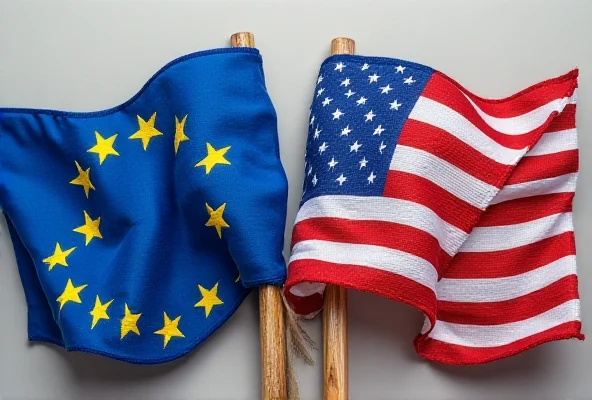 Image of the European Union and United States flags intertwined, symbolizing the trade relationship and current tensions between the two entities.