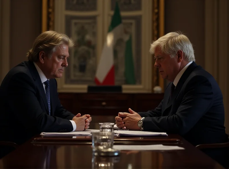 A professional photograph of the Italian and British Prime Ministers in a formal meeting setting, with subtle hints of political tension and underlying strategic discussions.