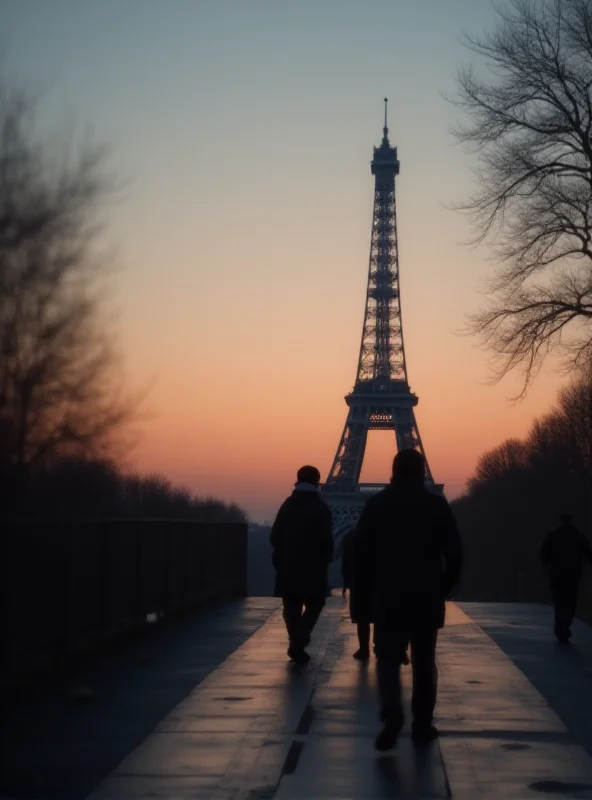 Silhouette of a person walking near the Eiffel Tower in Paris, representing immigration in France.