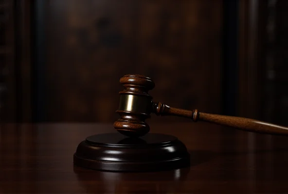 A gavel on a wooden table in a courtroom setting