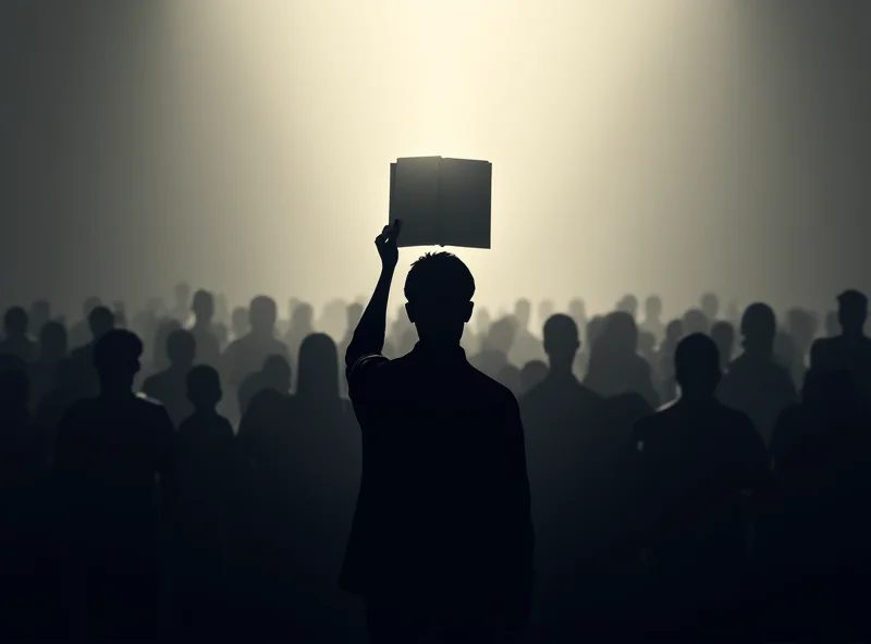 A silhouette of a person standing in front of a crowd, holding a book, symbolizing freedom of speech and expression.