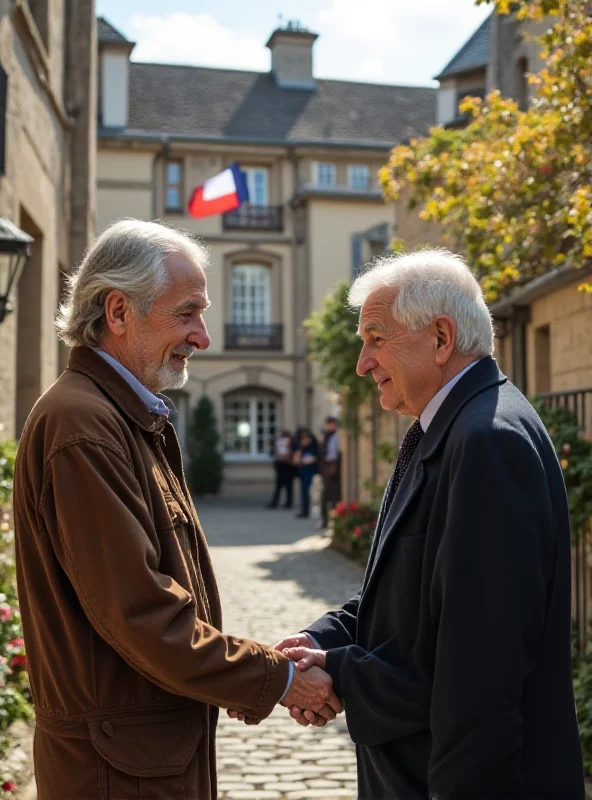 A French village mayor shaking hands with a young, enthusiastic man in front of the town hall.