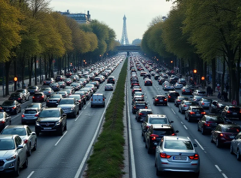 A congested Paris ring road during rush hour, with vehicles backed up in all lanes.