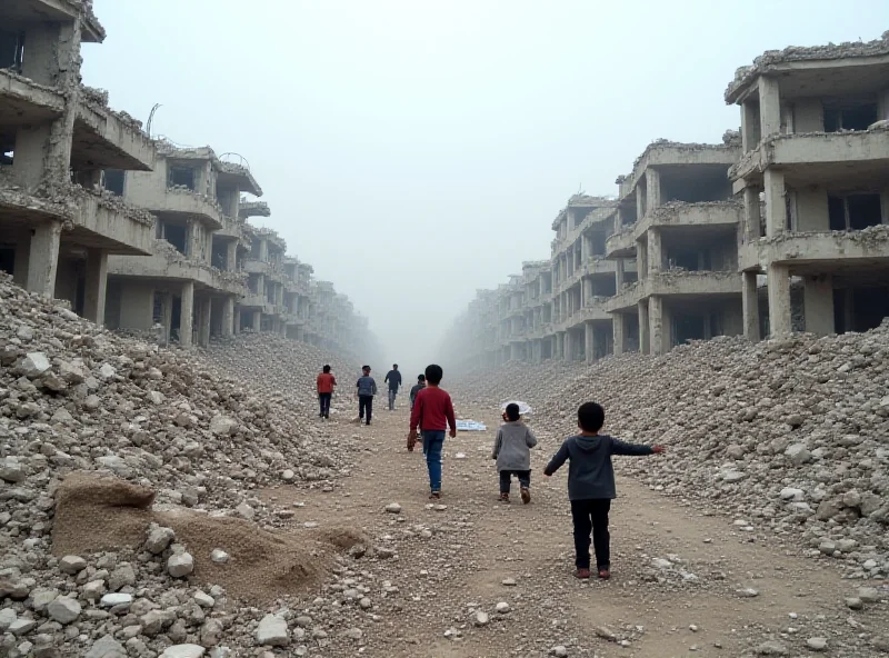 A devastated cityscape in Gaza, showing destroyed buildings and rubble, with a focus on the urgent need for reconstruction and humanitarian aid.