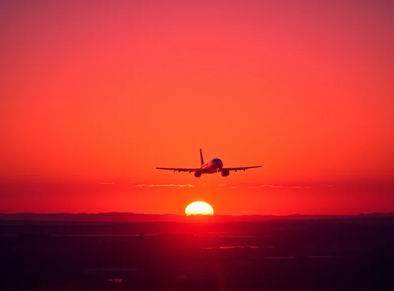 Aerial view of Air France-KLM airplane taking off at sunset.