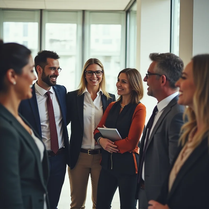 Diverse group of business professionals in a modern office setting, symbolizing gender equality in the workplace.