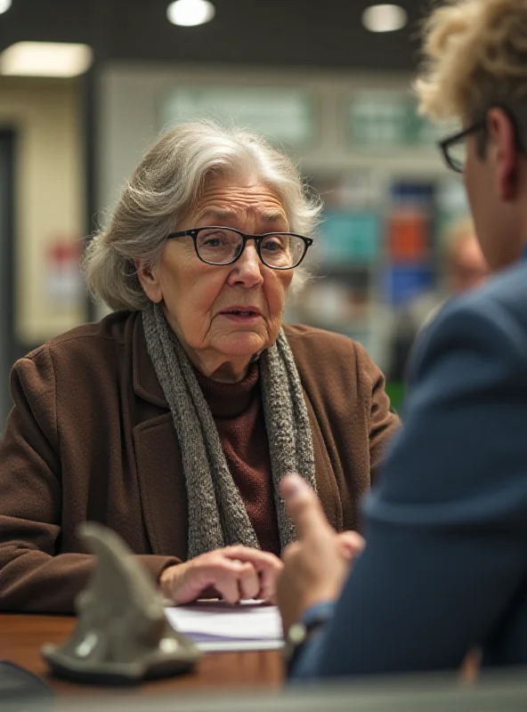 Image depicting an elderly woman looking concerned at a bank.