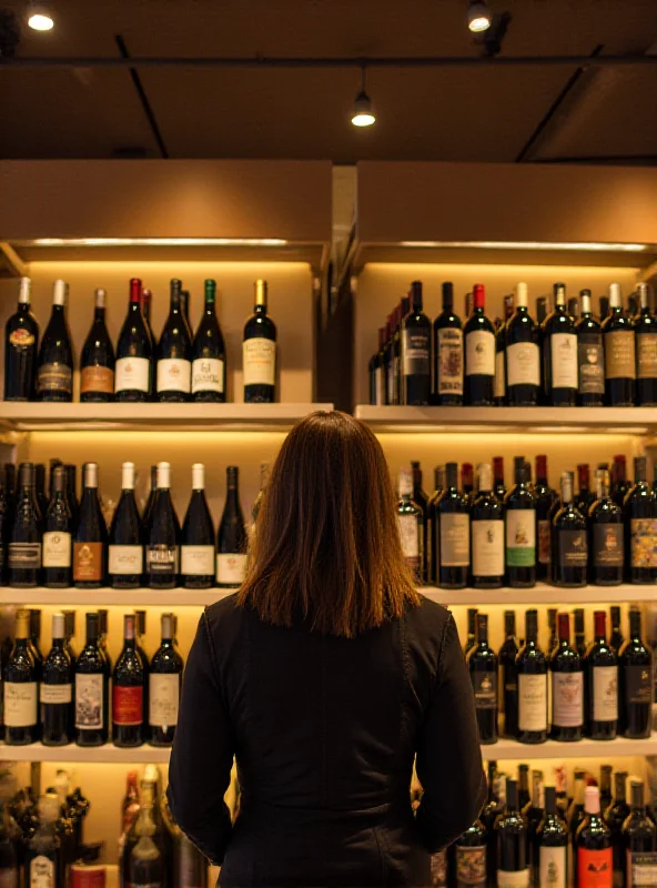 A person selecting a bottle of wine in a wine shop.