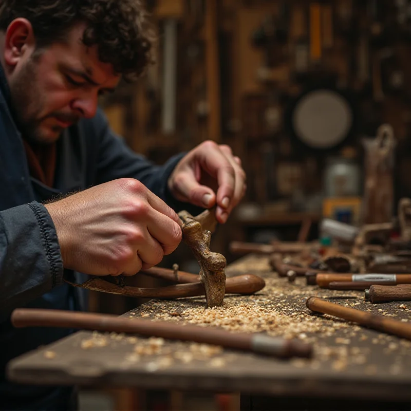 Close-up of a bowmaker working on a bow in his workshop.