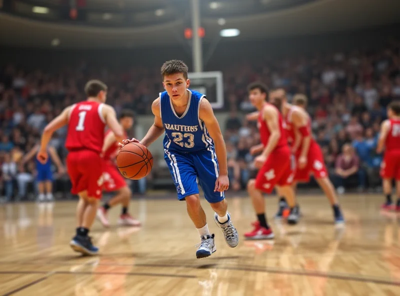 Basketball player dribbling down the court in a high school game.