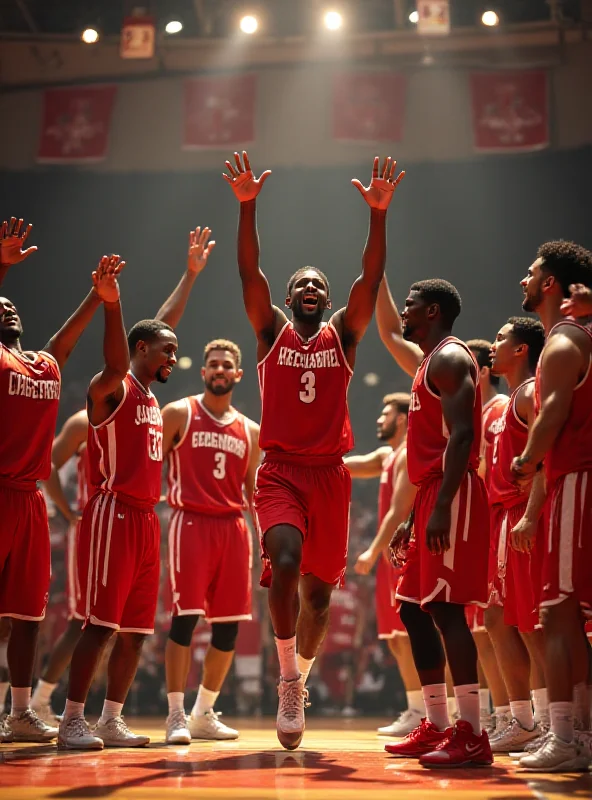 High school basketball team celebrating a victory on the court.