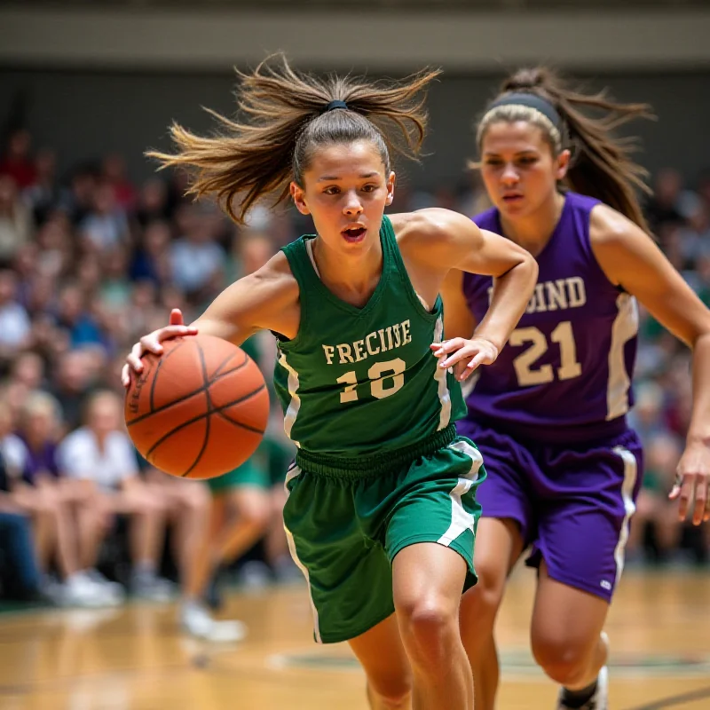 Action shot of a high school girls basketball game.