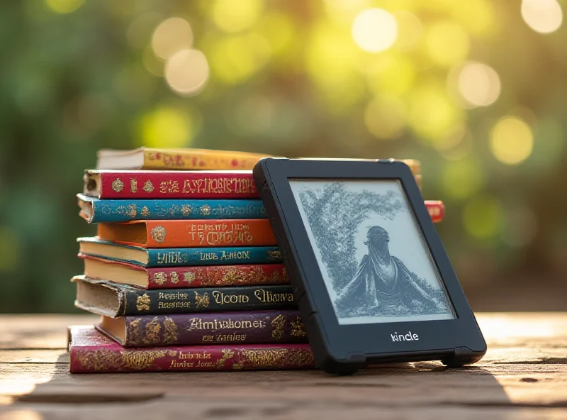 Stack of fantasy books with a Kindle device