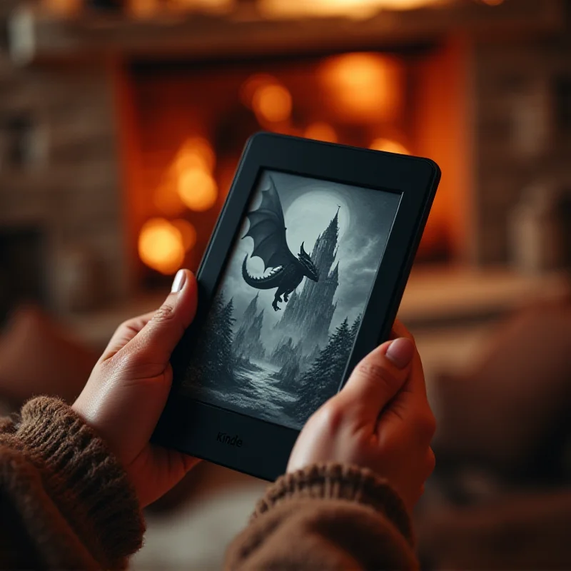 Person holding a Kindle device with a fantasy book cover on the screen