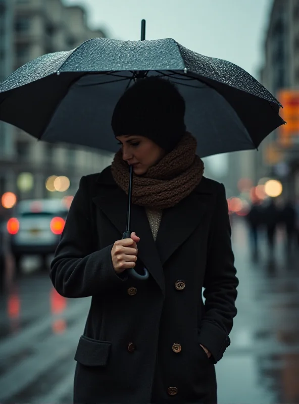 Person bundled up in winter clothing walking in the rain.