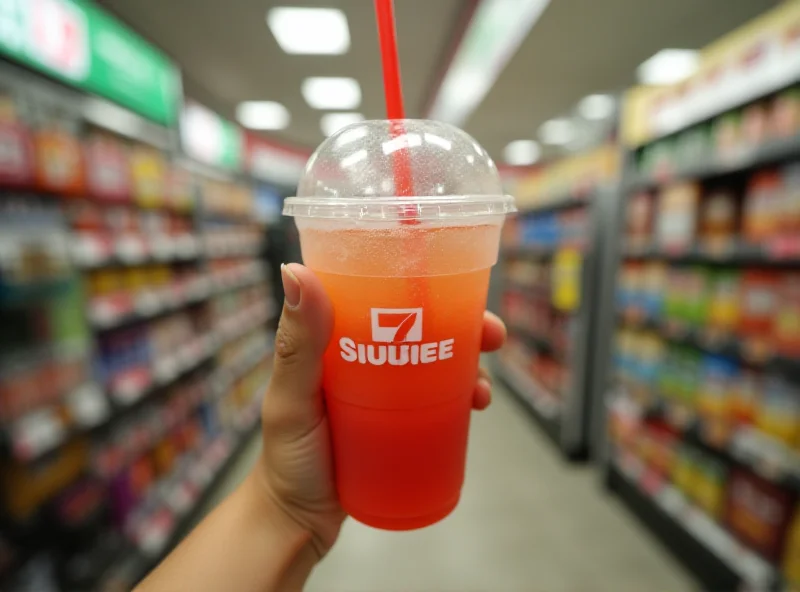 Close-up of a hand holding a 7-Eleven Slurpee in a clear plastic cup with a red straw, against a blurred background of the 7-Eleven store interior.