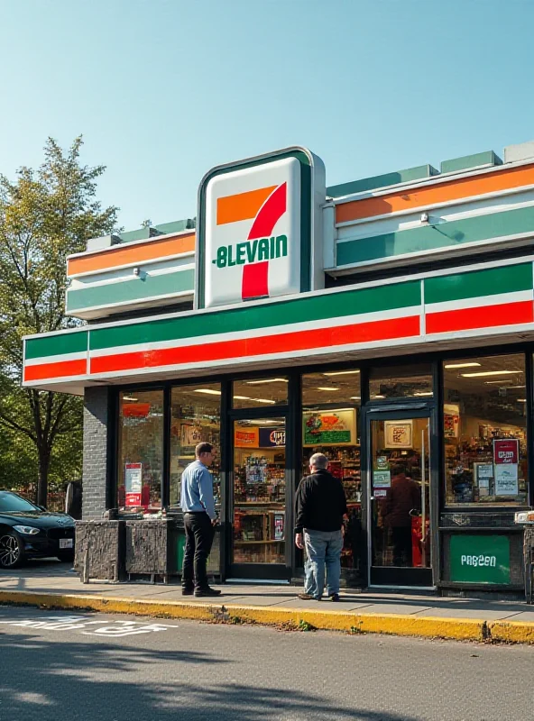 A wide shot of a 7-Eleven store exterior, with the iconic 7-Eleven logo prominently displayed. People are seen entering and exiting the store.