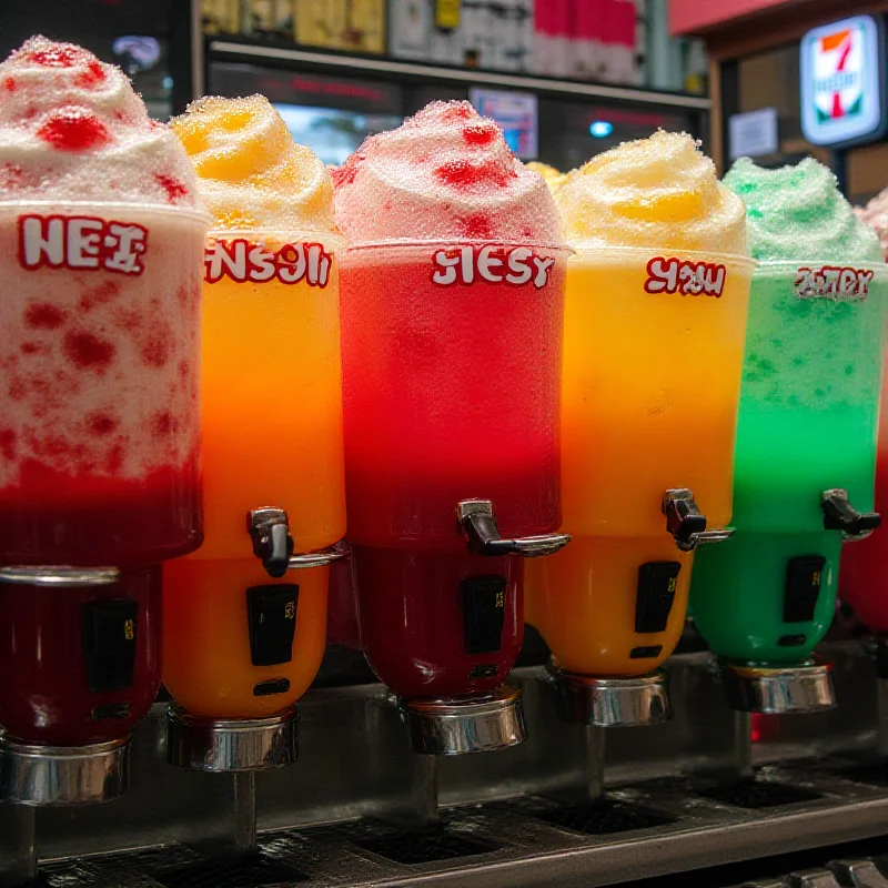 A colorful assortment of Slurpee flavors displayed in the Slurpee machine at a 7-Eleven store, with different flavors labeled and ready to be dispensed.