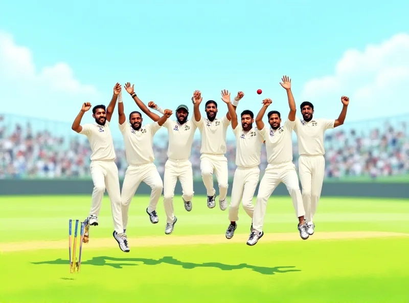 Cricket players celebrating a victory on a field, sunny day.