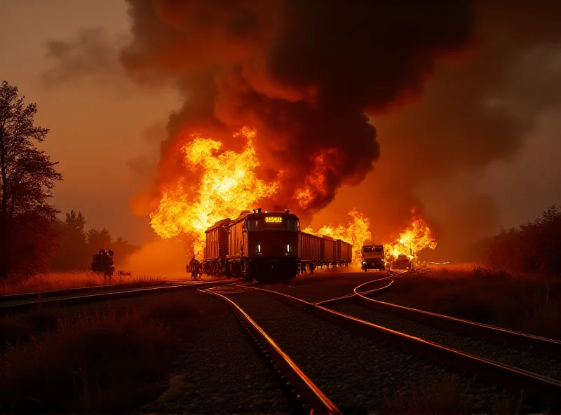 Freight train engulfed in flames with firefighters battling the blaze