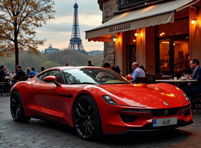 A sleek, modern Renault car with retro styling parked in front of a Parisian cafe.