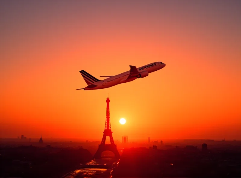 An Air France-KLM airplane taking off at sunset, with the Eiffel Tower visible in the distance.