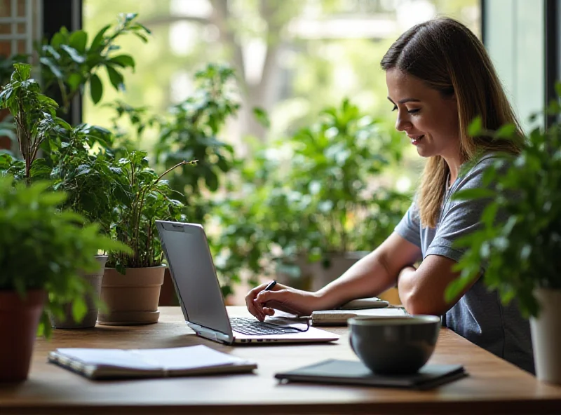 A person working remotely on a laptop at a modern desk with plants and a window view.