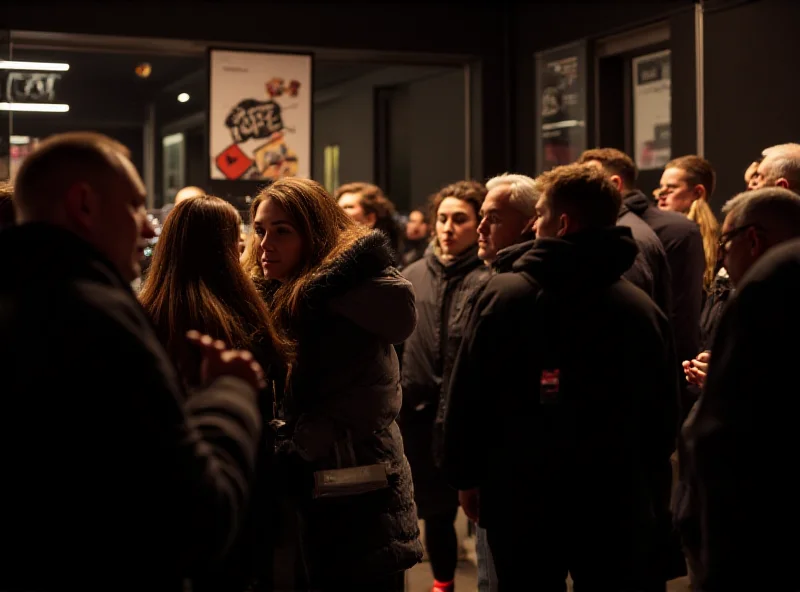 A bustling French cinema, filled with people buying tickets and entering the theater.