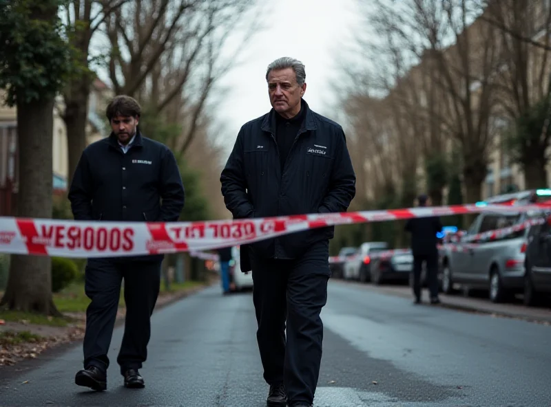 A somber news scene with police tape and investigators at a location in Tremblay-en-France.