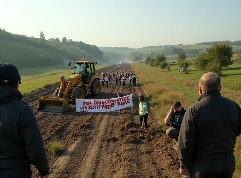 A protest against highway construction in France, with banners and activists blocking machinery.