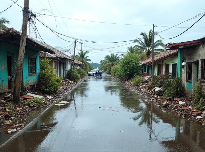 A flooded street in La Réunion after Cyclone Garance, with debris and damaged buildings visible.