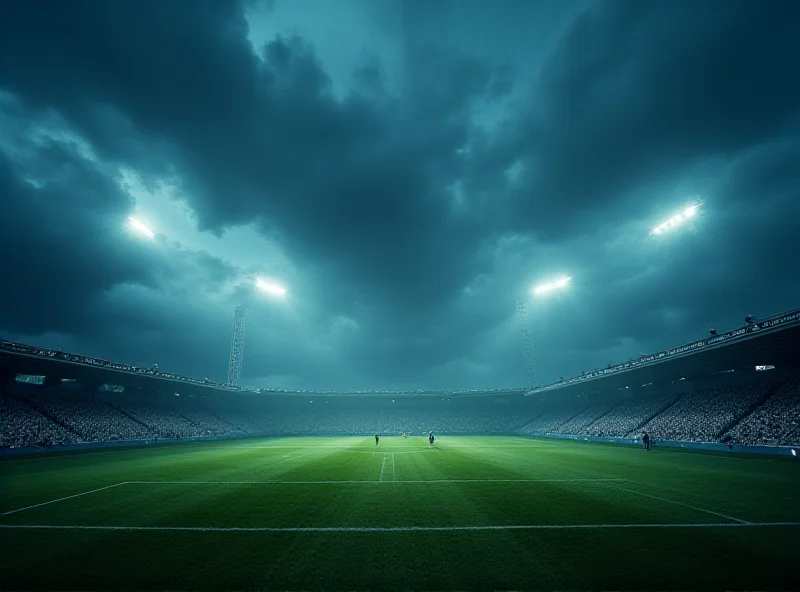 Illustration of a football stadium with dark clouds overhead, symbolizing the financial crisis in French football.