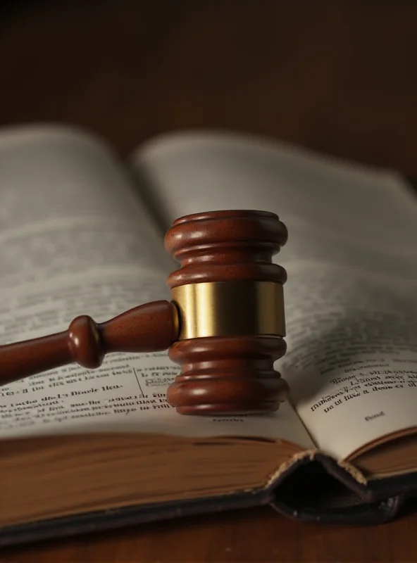 A gavel resting on a law book in a courtroom setting.