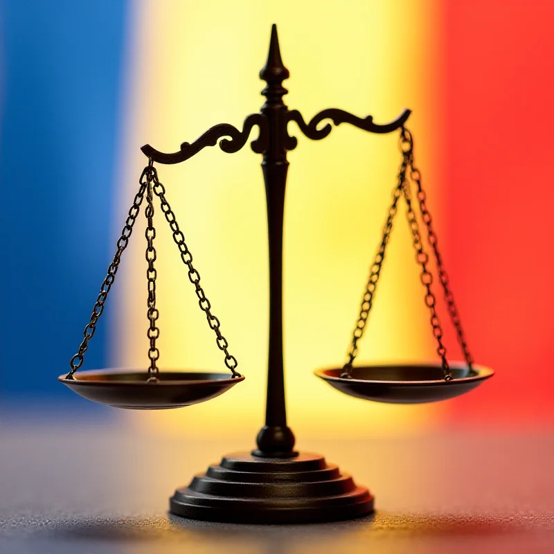 Abstract illustration of justice scales with French and Romanian flags in the background.