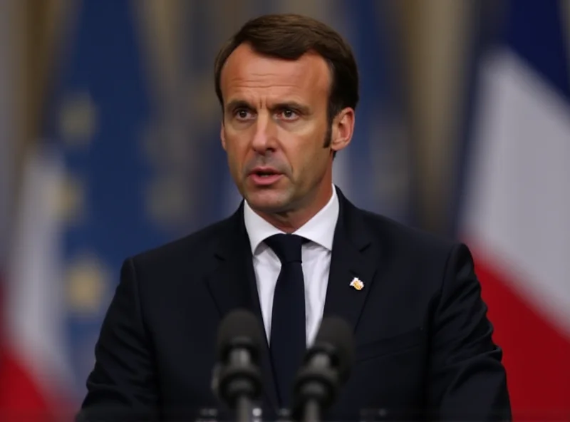 French President Emmanuel Macron addressing the nation, with a serious and determined expression, symbolizing the challenges and decisions facing France.