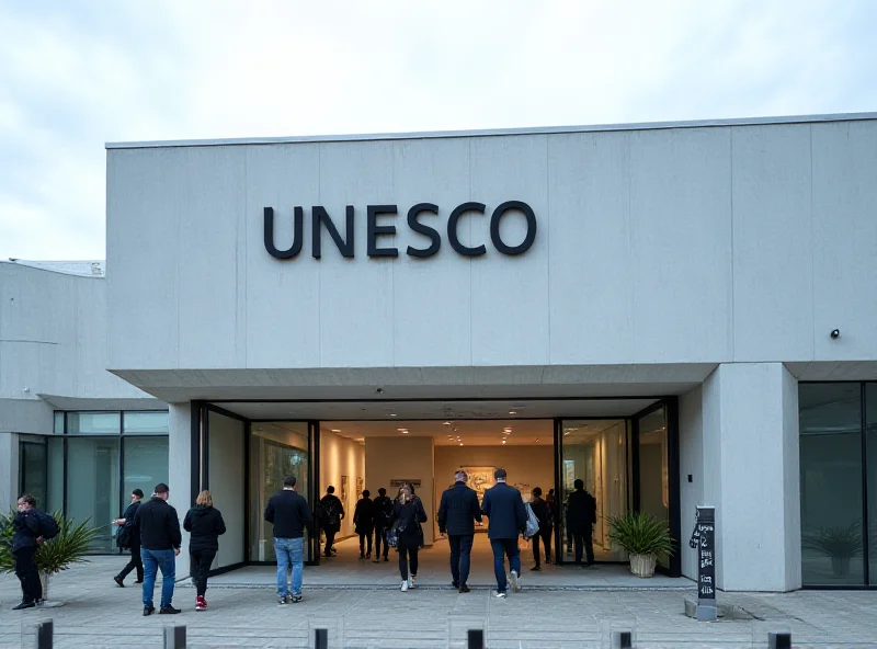 A modern office building with the UNESCO logo displayed prominently on its facade, with people entering and exiting.