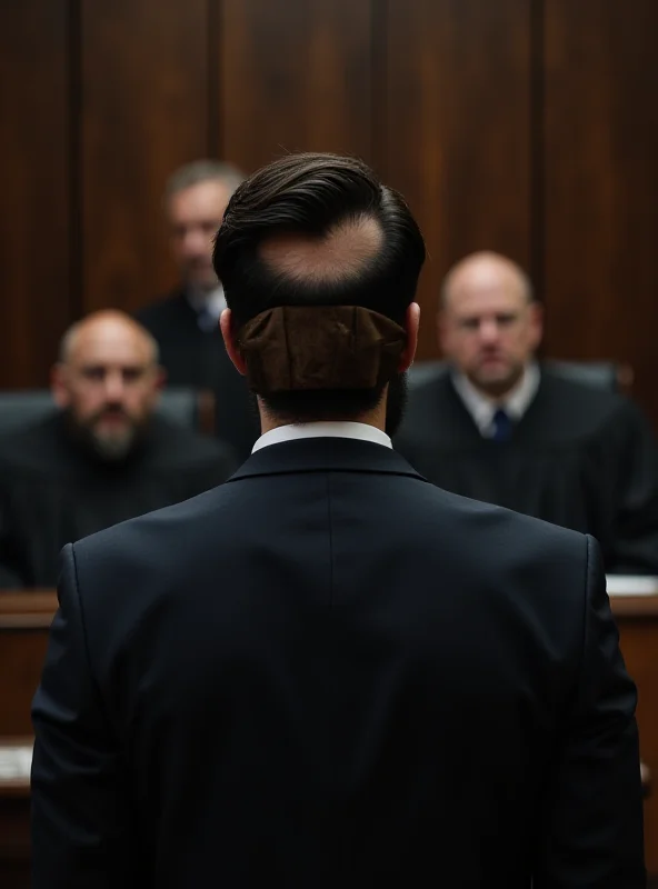 A tense courtroom scene with Mehdi Nemmouche, looking stoic, facing a panel of judges and lawyers. In the background, blurred figures of journalists and observers are visible.