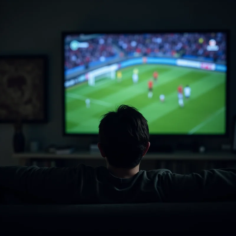 A concerned fan watching a French football match on TV, reflecting the crisis facing the sport.