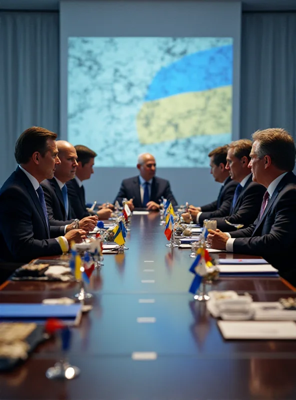 AI generated image of European leaders meeting at a summit, with Ukrainian flags subtly visible in the background