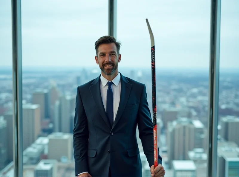 A former hockey player in a suit standing in a modern office, holding a hockey stick, looking confident.