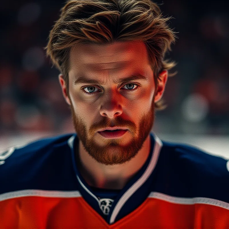 Close-up portrait of Leon Draisaitl in his Edmonton Oilers jersey, looking focused and determined.