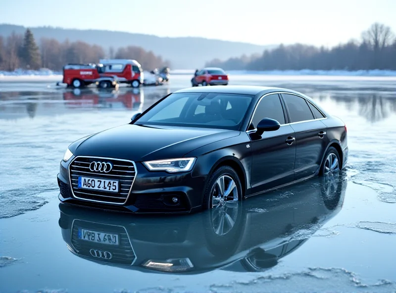 Dark Audi sinking into a frozen lake with emergency vehicles nearby.