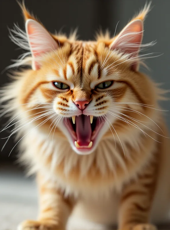 A close-up of a fluffy, angry cat hissing and baring its teeth.