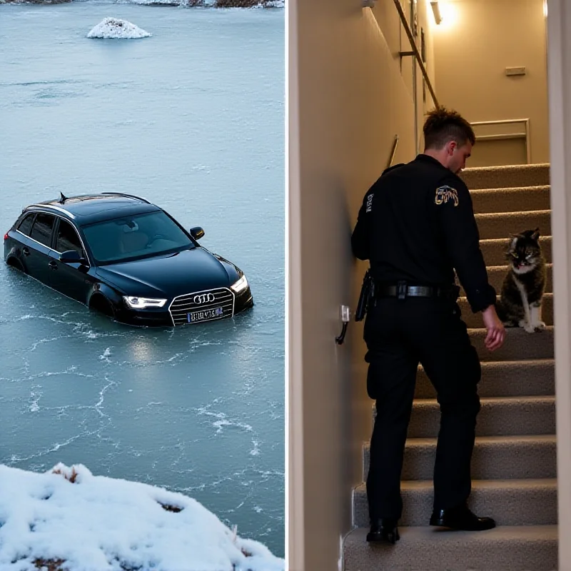 A split image showing a submerged car in a frozen lake on one side and a police officer cautiously approaching an angry cat on a staircase on the other side.