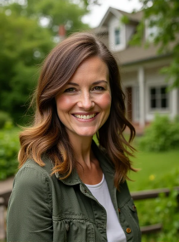 Author Liz smiling in front of her house in Vermont.